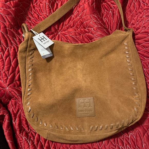 NWT Haute Hippie Large Suede Hobo Bag Cognac accessory bag attached whipstitch